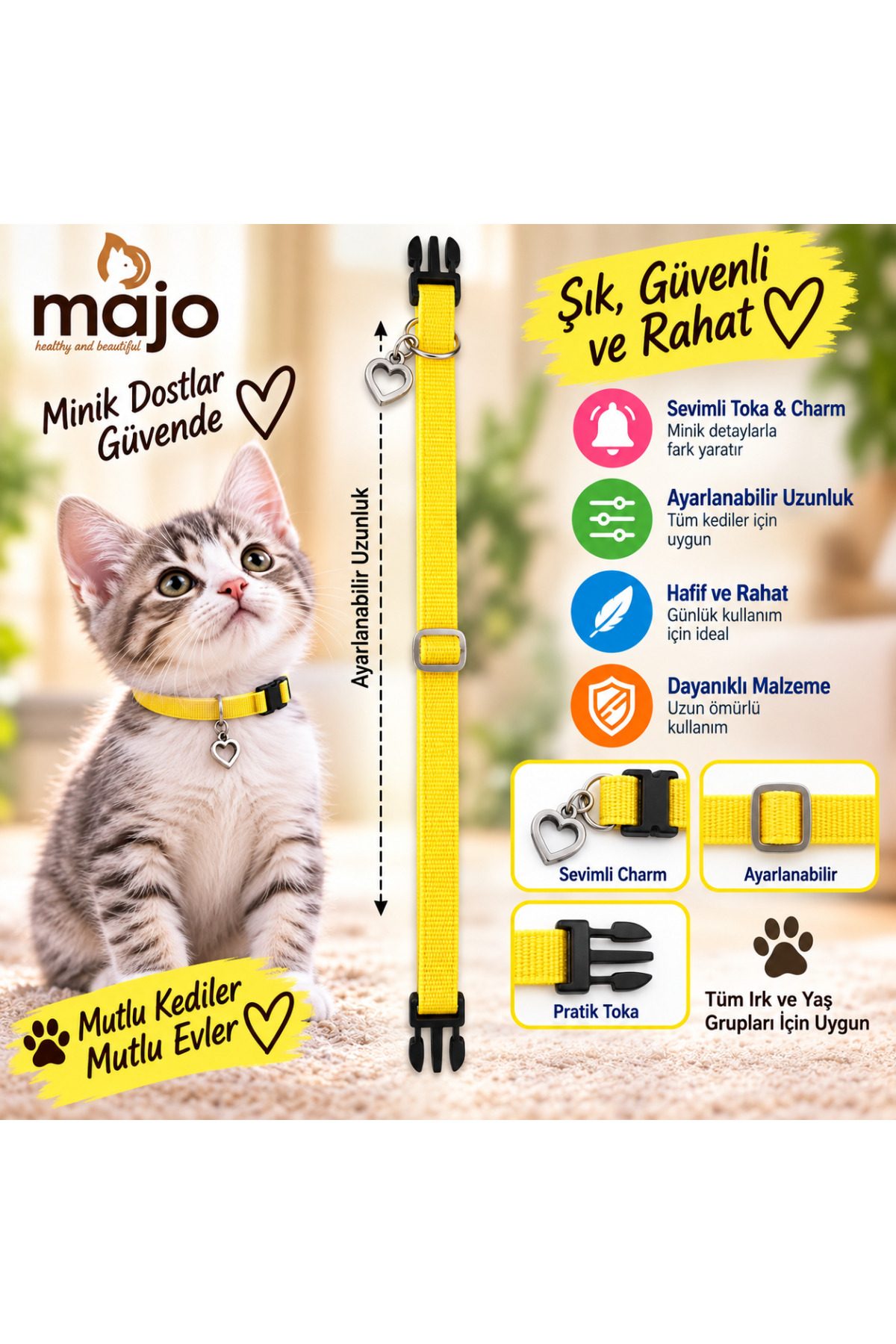 Baron Pet Kedi Boyun Tasması Kalp Charm Detaylı Ayarlanabilir Güvenlik Tokalı - Sarı