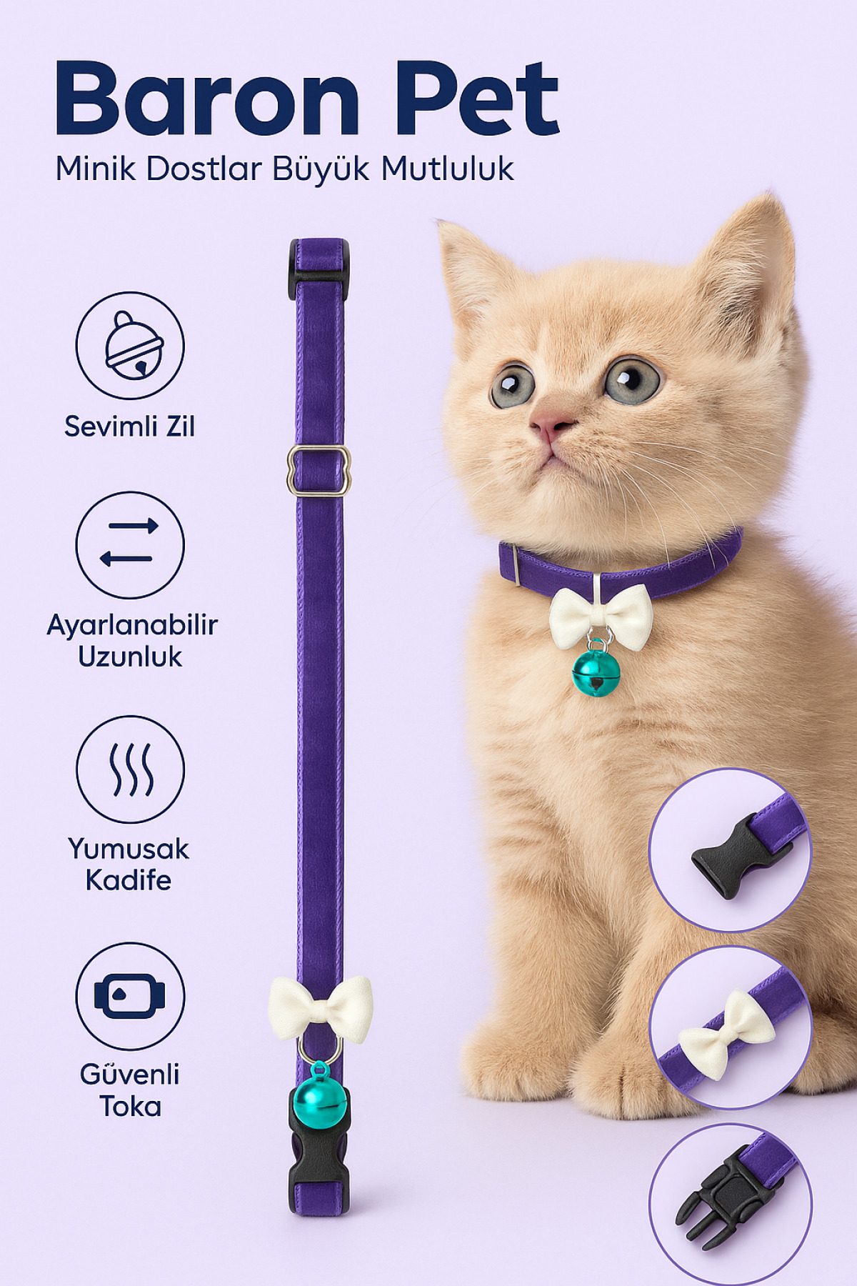 Baron Pet Kedi Boyun Tasması Zilli Fiyonklu Ayarlanabilir Güvenlik Tokalı Kadife - Mor